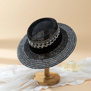 Women's Summer Color Block Woven Paper Straw Hat Wide Brim Sun Protection Fedora Boater Hat With Ribbon For Beach Vacation Travel