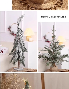 Detail of flocked Christmas tree with rustic wooden base and snowy pine needle texture