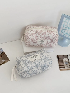 Trousse à maquillage en velours côtelé à fleurs de pivoine avec fermeture à glissière ruban