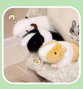 Three realistic guinea pig plush toys in brown, black, and white colors held in hands