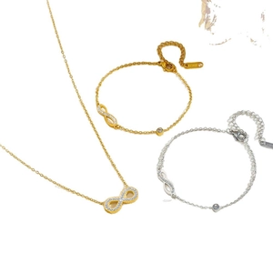 Parure collier et bracelet en acier titane avec pendentif infini et cristaux brillants