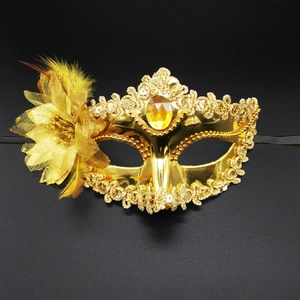Golden Venetian lily masquerade mask with yellow feathers and sparkling sequins