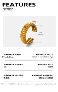 Detailed view of golden striped stainless steel ring with dimensions and specifications