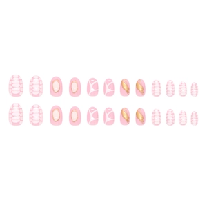 24pcs pink and white marble press on nails with gold foil and 3D mirror finish effects
