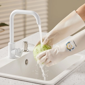 Beige extra long waterproof latex gloves with cartoon print for kitchen dishwashing