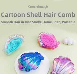 Detailed view of colorful shell-shaped detangling hair combs with glitter finish