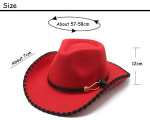 Detail view of red felt fedora showing 7cm brim, 12cm height and stitching details