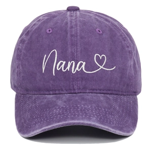 Detail of purple washed cotton baseball cap featuring Nana embroidery and heart detail