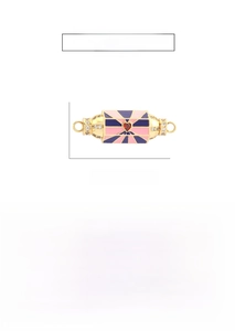 Macro detail of 10x37mm gold enamel evil eye pendant with pink and blue geometric pattern