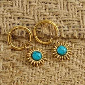 18K gold plated stainless steel sun flower earrings with turquoise stone inlay