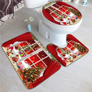Three-piece Christmas bathroom mat set featuring festive tree and gift box prints