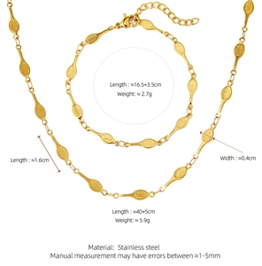 Detail showing stainless steel gold textured oval link necklace and bracelet dimensions