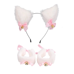 Detailed view of white cat ear headband and plush wristbands with pink bows and bells