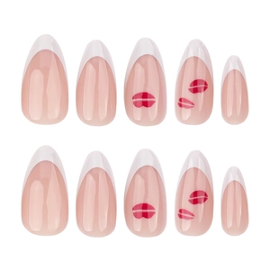 Classic French almond press-on nails with white tips and romantic red lip print designs