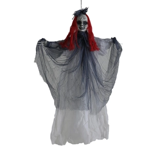 Halloween hanging grim reaper prop with red hair and blue mesh robe for haunted house decor