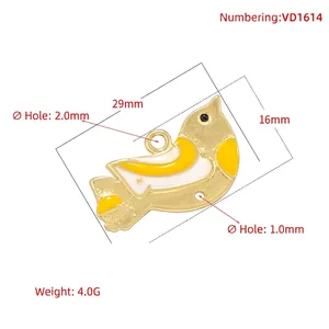 Colorful enamel bird pendant with golden alloy finish and specific dimensions