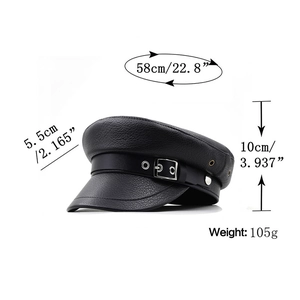 Detailed dimensions of the black PU leather newsboy hat with silver buckle and 58cm circumference
