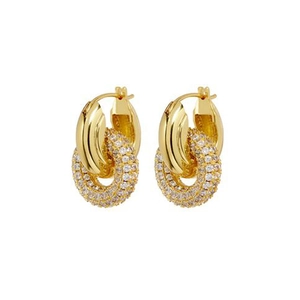 Elegant gold metal padlock earrings with white cubic zirconia micro-inlay on white background