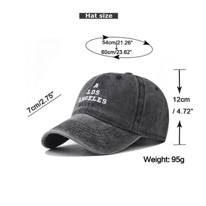 Detail showing dimensions and 54-60cm adjustable circumference of the washed cotton cap