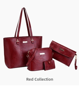 Detail of red 4-piece handbag set featuring a tote bag with textured faux leather finish