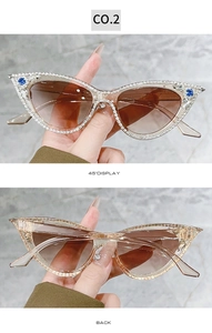 Detailed views of champagne cat eye sunglasses with rhinestones and blue side crystals