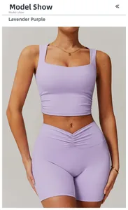 Detail of lavender purple yoga set featuring ruched sides and high waist compression shorts
