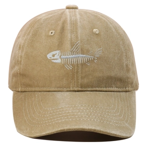 Khaki washed cotton baseball cap with white fishbone embroidery in a six-panel design