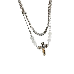 Double-layered silver cross pendant necklace with Cuban chain and white beads for men