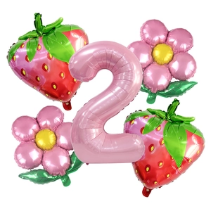 Kit de ballons fraise et marguerite avec chiffre 2 rose pour fête d'anniversaire enfant