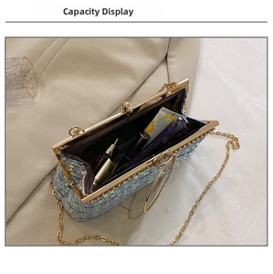 Macro detail of sequin evening clutch showing internal capacity for phone and cosmetics