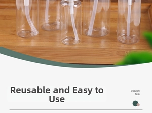 Detail of refillable clear PET vacuum pump bottles for shampoo and lotion storage