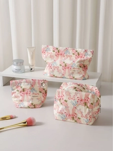 Pink Bow Floral Makeup Bag Jacquard Fabric Canvas Travel Cosmetic Pouch Large Capacity Sweet Pastoral Style For Women