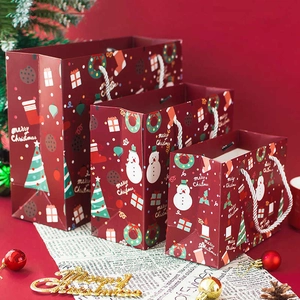 Christmas Gift Bags White Cardboard Paper With Handles Red Festive Holiday Party Favors Wrapping Cartoon Pattern