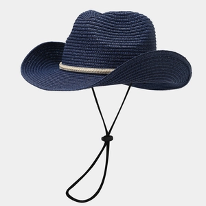 Western Cowboy Straw Hat For Women Wide Brim Sun Protection With Rhinestone Beaded Band And Adjustable Chin Strap