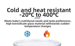 Detail of 200ml borosilicate glass food jar showing heat resistance from -20C to 400C