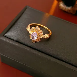 Vintage Blumen Kupfer Ring Vergoldet Oval Lila Zirkonia Strass Retro Palast Stil Schmuck Für Damen