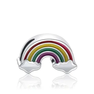 S925 silver rainbow charm with colorful enamel and white clouds for DIY jewelry making