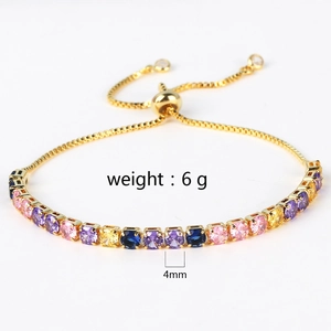 Detail view of gold adjustable bracelet with 4mm colorful micro-set cubic zirconia and weight 6g