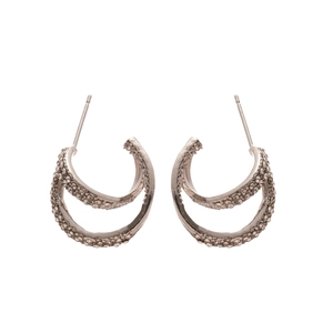 Double-layered C-shaped silver stud earrings with sparkling pavé cubic zirconia