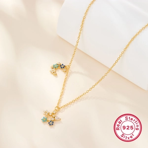 Elegant gold 925 sterling silver necklace with blue moon and star pendant charms