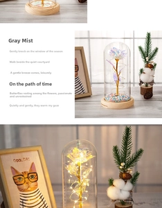Detail of LED gold foil rose in glass dome with wood base and colorful foam balls