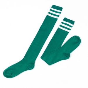 Detailed knit texture of green thigh high socks with white athletic stripes on a white background