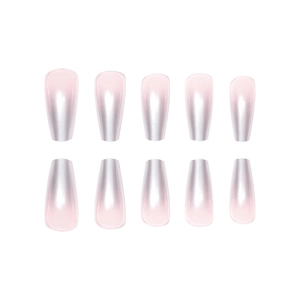 Long ballerina press-on nails with silver gradient pink and pearlescent finish
