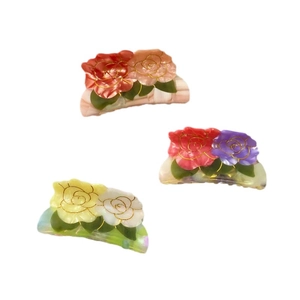 Three-piece set of acetate rose flower hair claws with elegant pearlescent finish