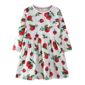 Girls Long Sleeve Dress 100% Cotton Strawberry Print Round Neck Pullover Cute Toddler Autumn Clothes