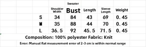 Detailed size chart for women's knit sweater with animal print and faux fur texture
