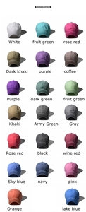Detailed color display of 20 washed cotton baseball caps in various vibrant shades