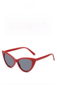 Red cat eye sunglasses with grey lenses shown in front and 45-degree side views