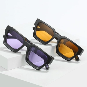 Classic square frame sunglasses with purple and orange lenses on white geometric blocks