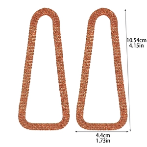 Detailed size measurement showing long geometric rhinestone earrings in orange and amber